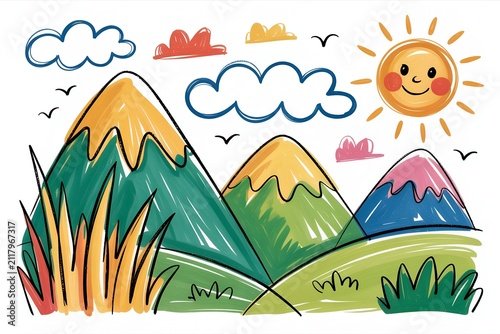 Rolling green hills and mountain peak landscape rendered in hand drawn crayon doodle art design, scenery concept