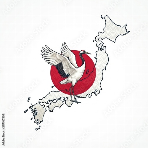Japan Map with Rising Sun and Crane Bird. Japanese National Symbol and Wildlife Illustration.