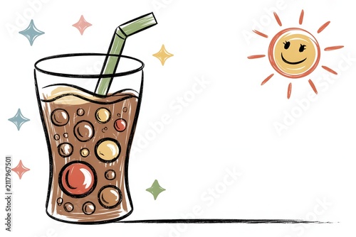 Glass of cold iced cola soda drink with straw under sun rendered in hand drawn crayon sketch art, beverage concept