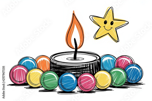 Burning tealight candle surrounded by colorful candies rendered in hand drawn crayon doodle art, celebration concept