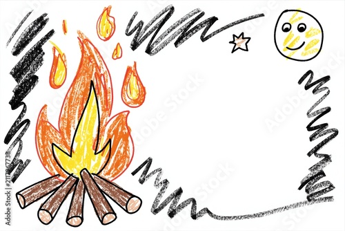 Warm campfire bonfire burning with fire flames at night rendered in hand drawn crayon sketch art, outdoor concept