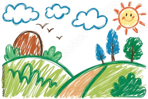 Winding dirt path leading across green rolling hills rendered in hand drawn crayon sketch artwork, landscape concept
