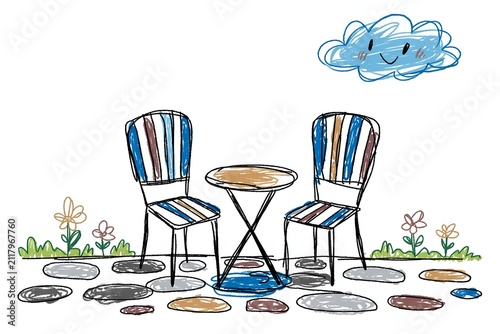Outdoor cafe patio setting with table and two chairs rendered in hand drawn crayon sketch art, hospitality concept