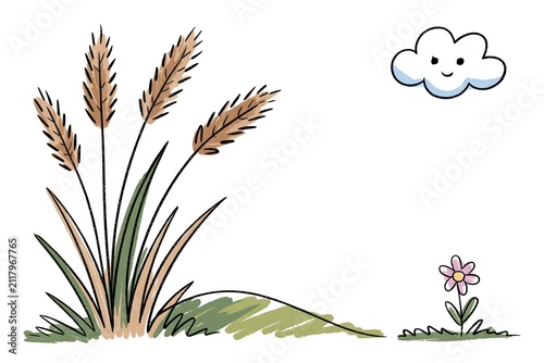Tall pampas grass plants growing in open outdoor field rendered in hand drawn crayon sketch art, botanical concept