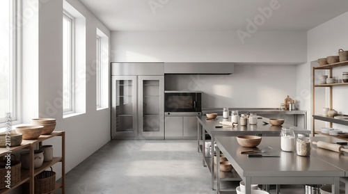 Minimalist modern professional kitchen with stainless steel island tables and glass door refrigerators in bright white room with large windows and wooden bowls.
