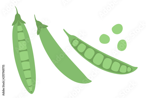 A set of green peas in pods, a design object. Vector illustration, flat style. Element for labels, cards, stickers, menus, and packaging.