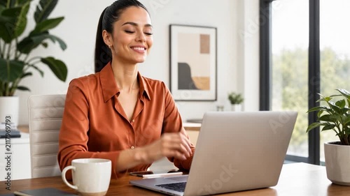 Happy young woman using laptop while working remotely from home in living room.

