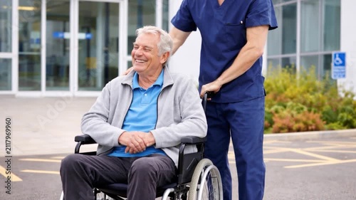 Old man in wheelchair, care or caregiver talking for healthcare support.
