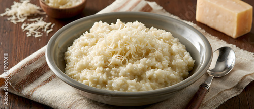 Risotto with grated cheese in a ceramic bowl food photography with warm lighting arborio rice creamy italian cuisine parmesan dish comfort gourmet culinary