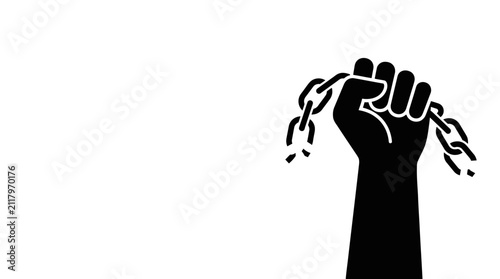 Black silhouette of a raised fist breaking heavy metal chains