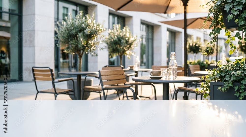 Fototapeta premium Outdoor Café Terrace with Tables and Umbrellas for Lifestyle Design