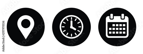 Date Time Location Icon set, calendar, clock, and location pin symbols, vector illustration for business schedules, office planning, appointments, meetings, and productivity management.