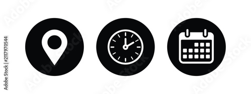 Date Time Location Icon set, calendar, clock, and location pin symbols, vector illustration for business schedules, office planning, appointments, meetings, and productivity management.
