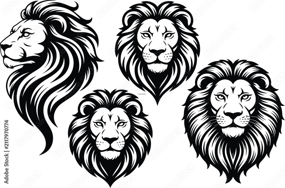 Obraz premium Aggressive Lion Head Collection with Roaring Expressions, Detailed Black and White Wildlife Vector Illustration