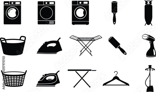 Laundry and Garment Care Household Appliance Silhouette Icons Set for Cleaning and Clothing Maintenance