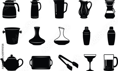 Kitchen and Barware Silhouette Collection with Beverage Serving Accessories Isolated on White Background
