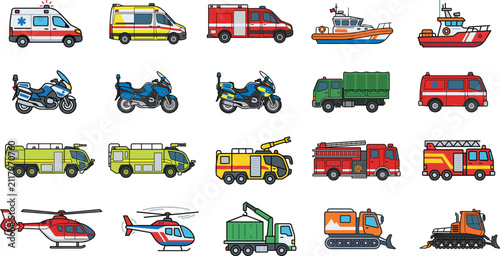 Emergency and Service Vehicle Collection with Rescue Transport Icons Isolated on White Background