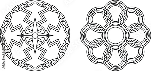 Abstract Geometric Circular Mandala Line Art Ornament Set with Celtic Inspired Decorative Patterns