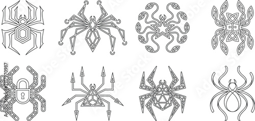 Geometric Spider Icon Collection with Abstract Line Art Symbols for Halloween and Decorative Design
