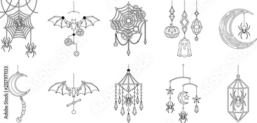 Halloween Hanging Ornament Collection with Spider Web Bat Moon Ghost and Gothic Decorative Line Art Set
