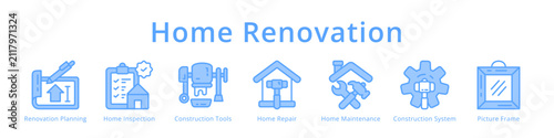 Home renovation icons covering planning, inspection, repair, maintenance and tools for house remodeling design.
