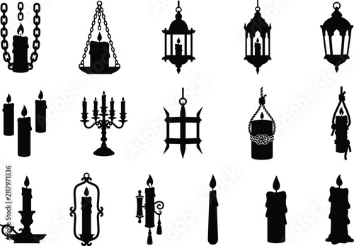 Vintage Candle and Lantern Silhouette Collection for Halloween Gothic Medieval and Decorative Designs