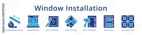 Window installation icons featuring measurement, glass, door installation and decorative tiles for home renovation design.