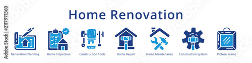 Home renovation icons covering planning, inspection, repair, maintenance and tools for house remodeling design.
