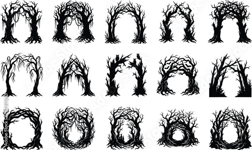 Spooky Dead Tree Arch Silhouette Collection for Halloween Gothic Forest and Horror Design