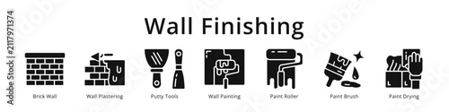 Wall finishing icons showing plastering, putty, painting, roller and brush for interior renovation design.