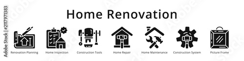 Home renovation icons covering planning, inspection, repair, maintenance and tools for house remodeling design.