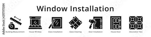 Window installation icons featuring measurement, glass, door installation and decorative tiles for home renovation design.