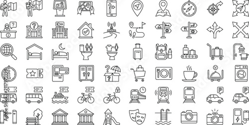 Travel and Tourism Line Icons Collection with Navigation Transportation Accommodation and Travel Services