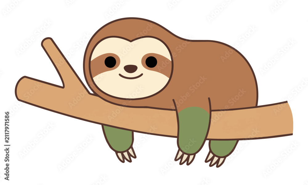 Fototapeta premium A cute, stylized sloth character with rounded shapes hanging from a minimalist tree branch, featuring earthy colors on a white background. Whimsical nature concept