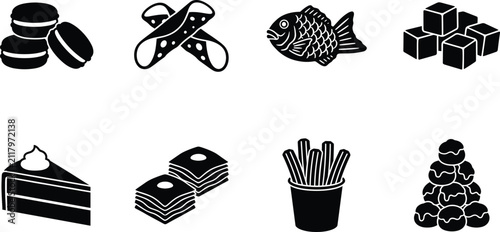 Sweet Food Silhouette Collection with Desserts Snacks Candy and Bakery Icons for Menu Design