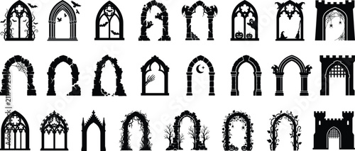 Gothic Arch Silhouette Collection with Medieval Stone Windows and Halloween Castle Gate Designs