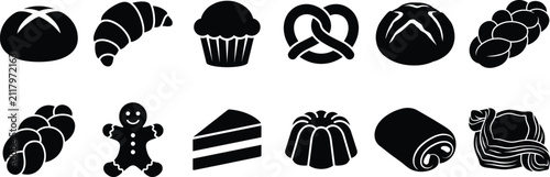 Bakery Bread and Dessert Silhouette Collection with Pastry Cookie and Cake Food Icons