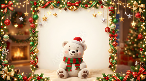 Adorable fluffy white Christmas bear surrounded by hanging ornaments, stars and ribbons decorating only the frame edges, spacious blank center for text, premium 3D cartoon illustration.