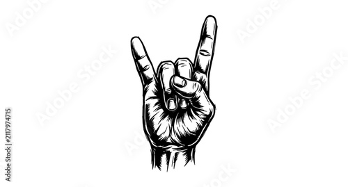 Hand making rock on gesture in detailed ink drawing