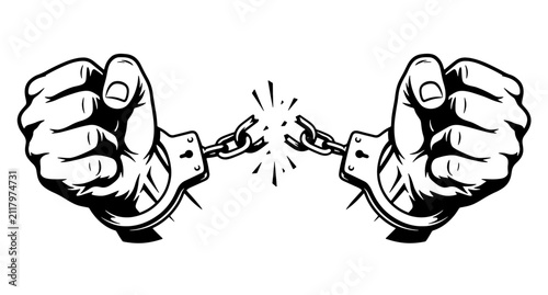 Hands breaking metal handcuffs in black and white style