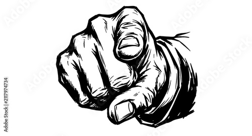 Hand pointing forward gesture in black and white sketch