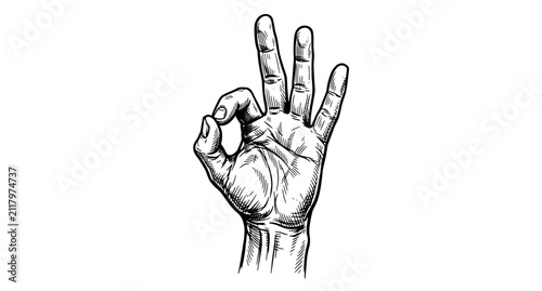 Hand performing OK gesture in detailed ink illustration