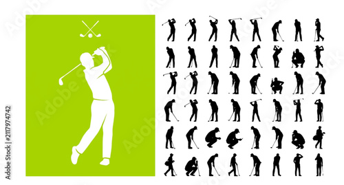 Set of golf player silhouettes in various action poses