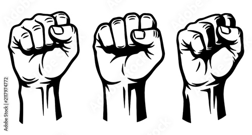 Three raised fists in black and white vector style