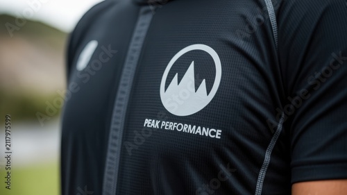 Close up of a black athletic t-shirt featuring a white mountain peak logo and performance text
