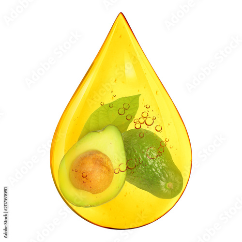 Avocado oil drop with fresh fruits and bubbles inside on transparent background