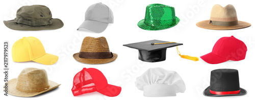 Foto Variety of hats isolated on white, set