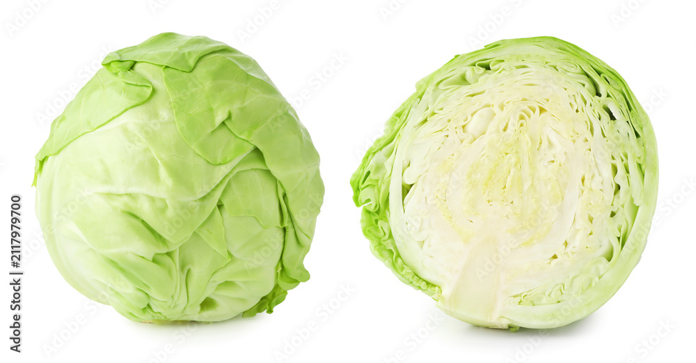 Fototapeta premium Whole and sliced cabbage isolated on white