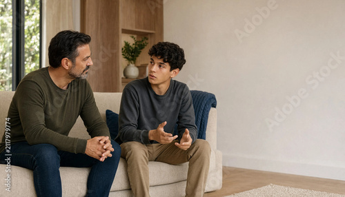 Young man talking with mentor during supportive conversation