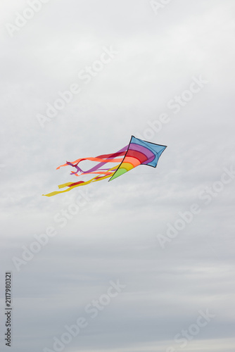Colorful kite in gray cloudy sky